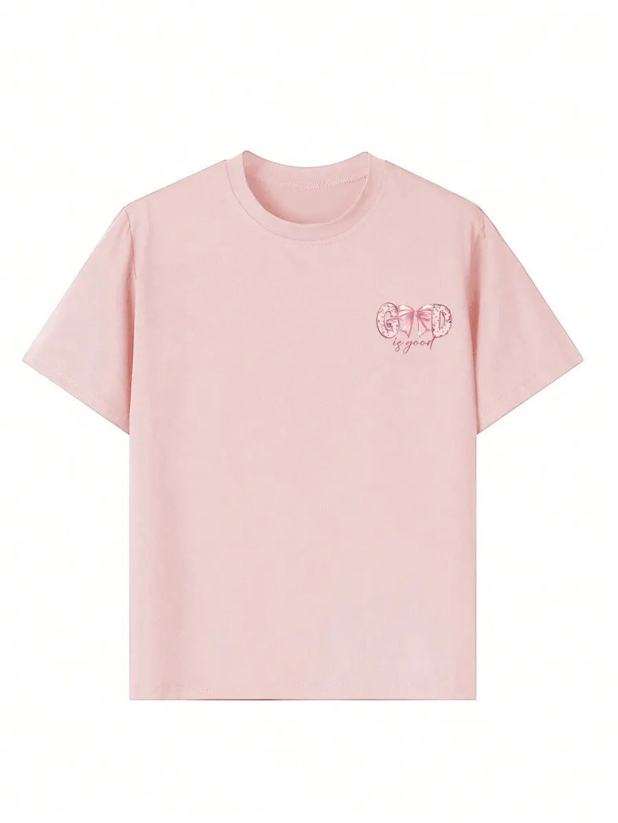 Girls Pink Floral Bow Tee