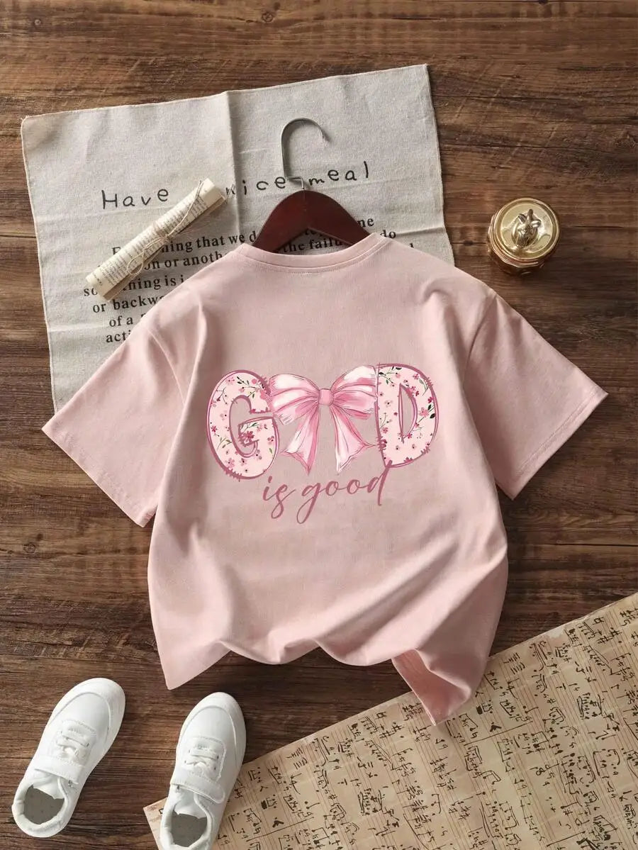 Girls Pink Floral Bow Tee